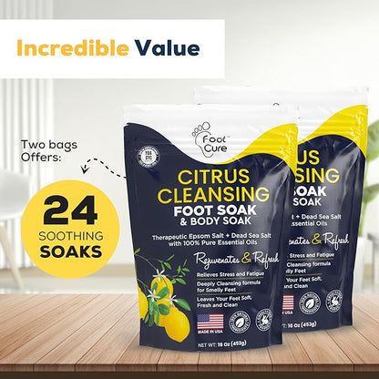 FOOT CURE Citrus Detox Foot Soak With Epsom Salts for Foot Callus, Immune Boost, Damaged Toenail, Athletes Foot, Pedicure and Soothes Tired Aching Feet - 16 oz (Pack of 2)
