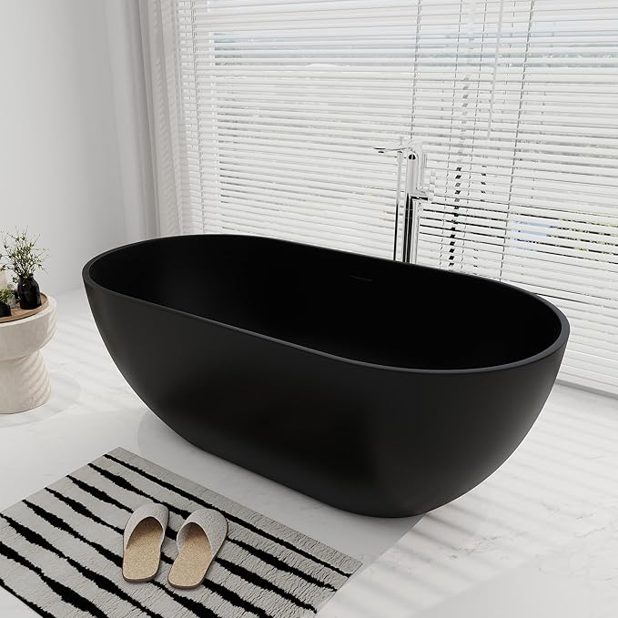 SJ STAR&JANE 59" Solid Surface Freestanding Bathtub Oval Stone Resin Soaking Tub Modern Stand Alone Tub with Overflow & Pop-up Drain, Matte Black for Bathrooms