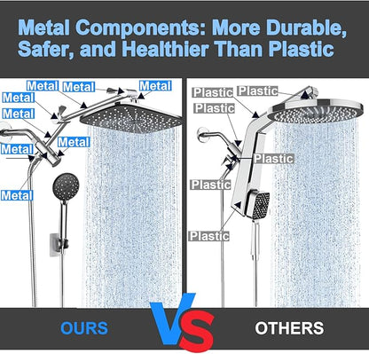 Veken 14" Wide Rain Shower Head with Handheld, High Pressure Handheld Shower Heads with Multi Spray Modes, Rainfall Combo with Metal Extension Arm,Detachable Dual Shower, Extra Long Hose,Silver Chrome