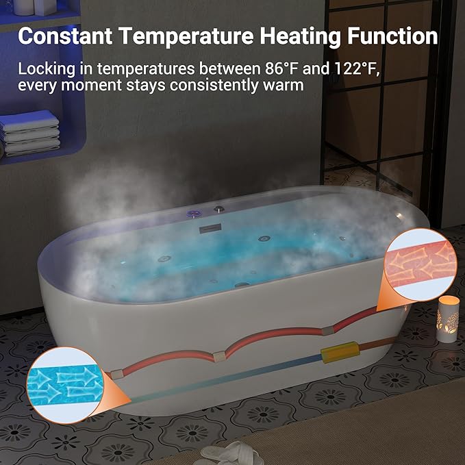 GarveeLife Freestanding Bathtub Tub71×35×23 inch Acrylic Massage Tub with Air Bubble & Water Jets, Computer Panel Control, Heating & Temperature Control, Modern Soaking Spa Tub for Home Bathro