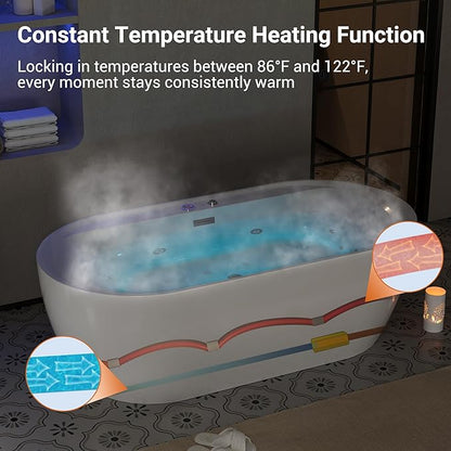 71 Inch Luxury Acrylic Freestanding Bathtub with Air Bubble & HydroJet Massage, Multi-Color LED Mood Lighting, Oversized Soaking Spa for Modern Bathrooms