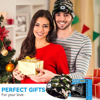 Christmas Stocking Stuffers for Men Adults, Beanie Hats with Light, USB Rechargeable LED Hand Free Headlamp, Birthday Gifts for Men, Women, and Teens, Ideal for Camping, Hiking, 2 Pack, Camouflage