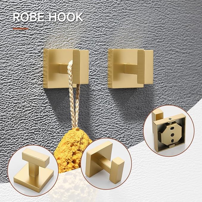 TQKAG 7-Pieces Brushed Gold Bathroom Hardware Accessories Set 23.6" SUS304 Stainless Steel Towel Bar Set Toilet Paper Spare Rolls Storage Holder Wall Mounted