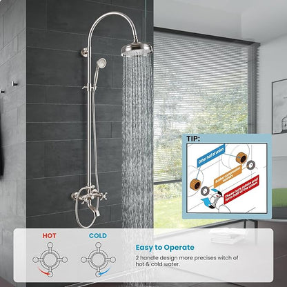 gotonovo Exposed Bathroom Shower System Classic Shower Kit 8 Inch Luxurious Rainfall Shower Head Handheld Spray Tub Filler Brass Pipe 3-Function Wall Mount Double Cross Knobs Brushed Nickel