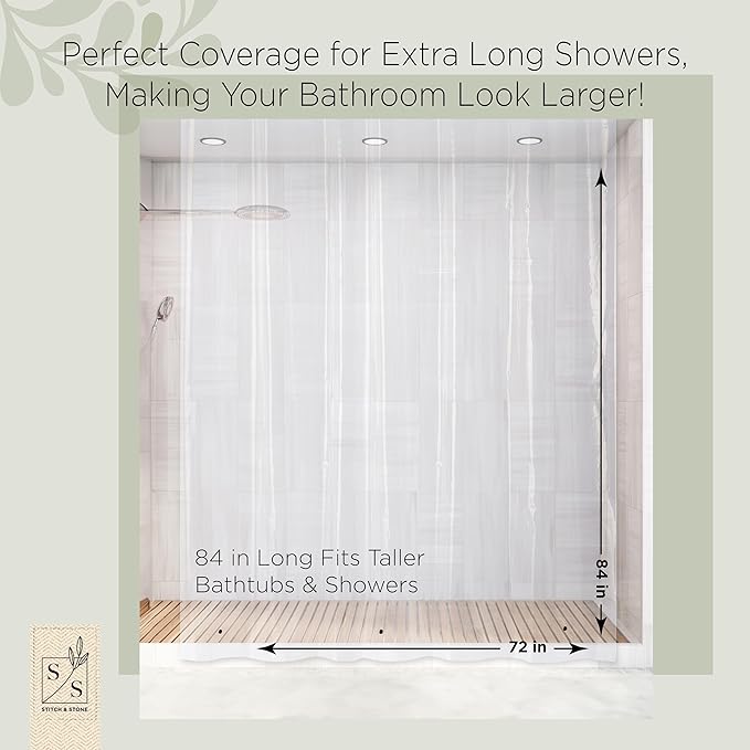 Stitch & Stone Shower Curtain Liner, Premium Medium Weight Durable Waterproof 6g PEVA for Bathroom with Weighted Magnets, Extra Long 72" x 84", Clear 1 Pack