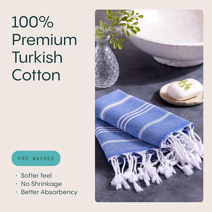 WETCAT Turkish Hand Towels with Hanging Loop, Set of 2 (20" x 30") 100% Turkish Cotton, Pre-Washed, Quick Drying, for Kitchen or Bathroom - Blue