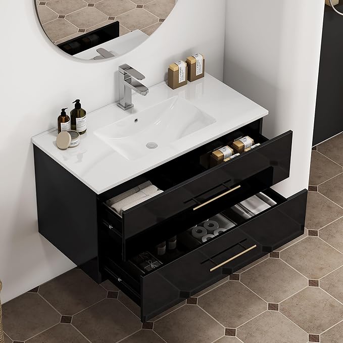 36" Wall Mounted Bathroom Vanity with Sink, High Gloss Black Floating Cabinet, Modern Gold Handles, 2 Soft Close Drawers, Integrated Ceramic Top for Powder Room