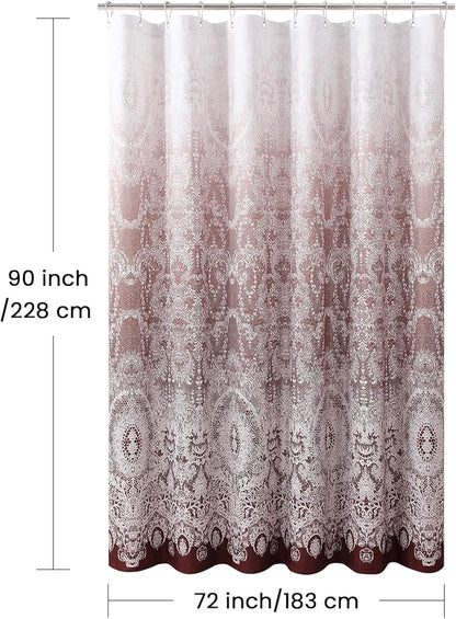 90 Inch Extra Long Shower Curtain - Chantilly Lace Design, Heavyweight Polyester, Burgundy to White Ombre, 72" W x 90" H