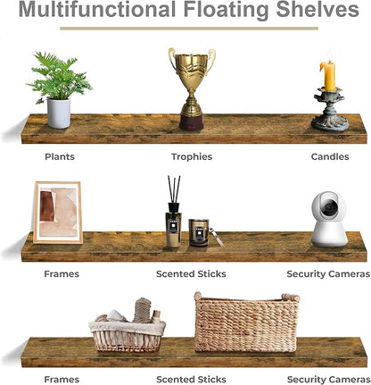 Sorbus Floating Shelves for Wall - 55 Inch Extra-Long Bathroom Shelves, Wall Decor for Bedroom, Kitchen, Living Room, Book Storage - Mounted Floating Shelf with Hidden Brackets (Rustic Brown, 3 Pack)