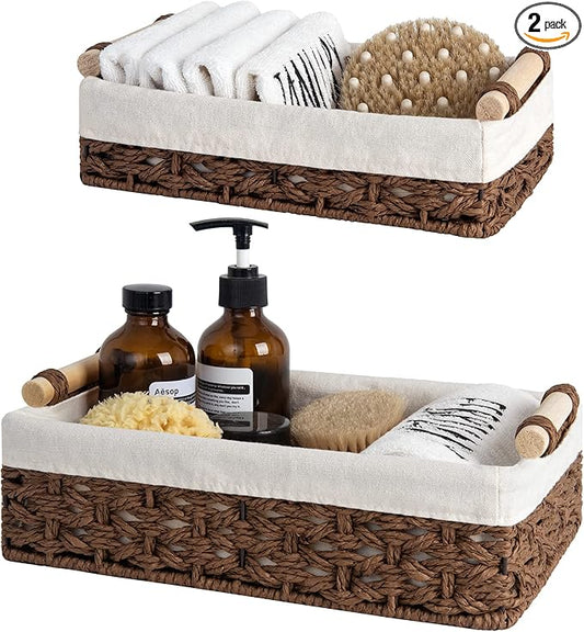StorageWorks Small Baskets for Organizing, Decorative Storage Baskets for Bathroom with Liner, Basket for Toilet Tank Top, Brown, Set of 2