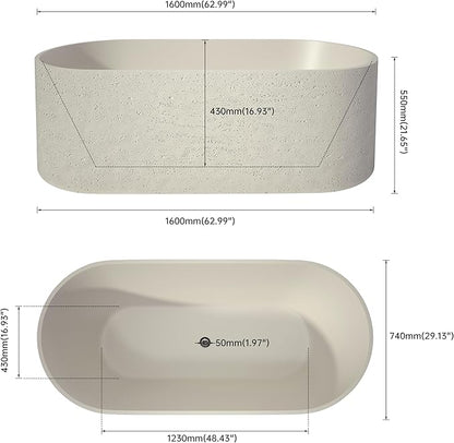 63" Premium Travertine Solid Surface Freestanding Bathtub, Unique Matte Textured Surface Stone Resin Soaking Tub with Pop-up Drain