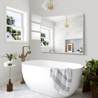 BONEWEI Silver Bathroom Mirror,40x48 inch Wall Mirror for Bathroom Wall Mounted,Large Rectangle Mirror for Bathroom Over Sink,Modern Metal Frame for Living Room,Bedroom Entryway,Horizontal/Vertical