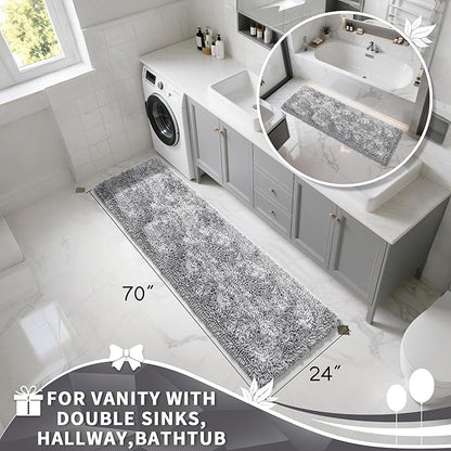 Yimobra Long Bathroom Rugs Runner 70x24 Inch, Extra Thick Soft Absorbent Chenille Bath Mat, Non Slip Machine Washable, Quick Dry Bath Rugs for Bathroom Floor, Tub and Shower, Light Grey