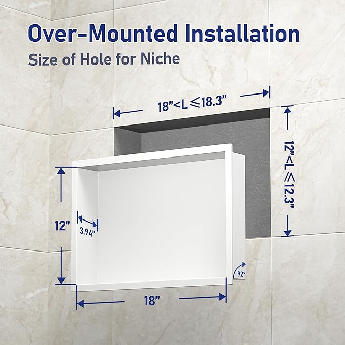 Stainless Steel Shower Niche 18" X 12" White No Tile Needed Niche Shower for Bathroom Storage Recessed Wall Shelf Over Mount Installation