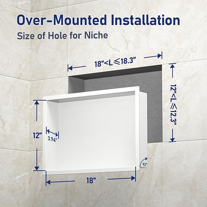 Stainless Steel Shower Niche 18" X 12" White No Tile Needed Niche Shower for Bathroom Storage Recessed Wall Shelf Over Mount Installation