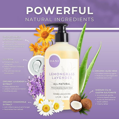 DANI Naturals Moisturizing Hand Soap – Calming Lemongrass Lavender Scent, Hydrating, Sulfate-Free & Paraben-Free, 12 Oz Bottle with Pump, Gentle Cleansing for Dry Skin
