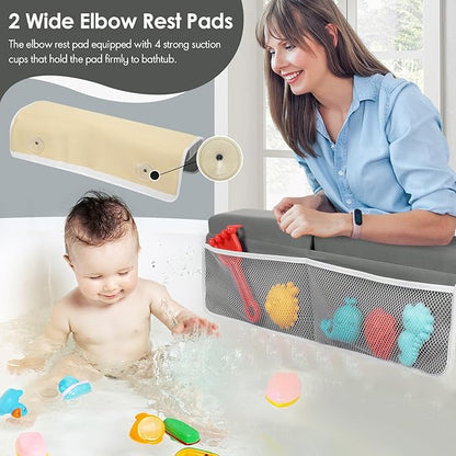 Bath Kneeler and Elbow Rest Pad Set - 2 inch Comfortable Thick Baby Bath Kneeler Pads, with Toy Organizer Pockets - Quick Drying, Foldable, Non-Slip for Baby and Toddler Bathing (Grey)