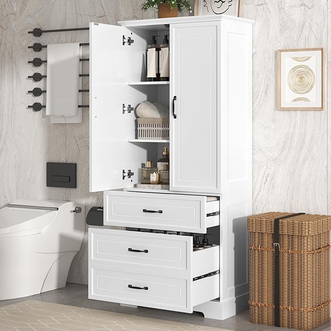 Favfurish 69" Tall Bathroom Storage Cabinet with Doors and 2 Drawers,Modern Linen Cabinets w/Adjustable Shelf & Magnetic Door Stopper,Freestanding Organizer for Dining Room,Kitchen,Office,White