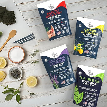 FOOT CURE Premium Epsom Salt Foot Soak - Tea Tree Oil Foot Soak for Athletes - Relaxing Foot Bath with Fungal Support - Foot Soaking Salts & Oils - Soothing for Tired Feet & Calluses (Pack of 4)