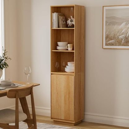 67" Tall Bathroom Storage Cabinet with Door & Adjustable Shelves Modern Narrow Tower Cabinet Slim Freestanding Tower Organizer for Small Spaces, Kitchen, Living Room, Natural Oak