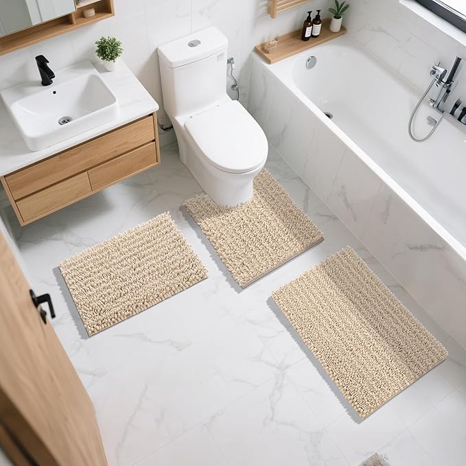 Yimobra Bathroom Rugs Sets 2 Piece - Quick Dry Extra Thick Luxury Chenille Bath Mat, Non Slip Super Absorbent for Tub Shower Sink, Machine Washable Shaggy Floor Mat, 44"x24"+24"x17" Inch, Light Brown