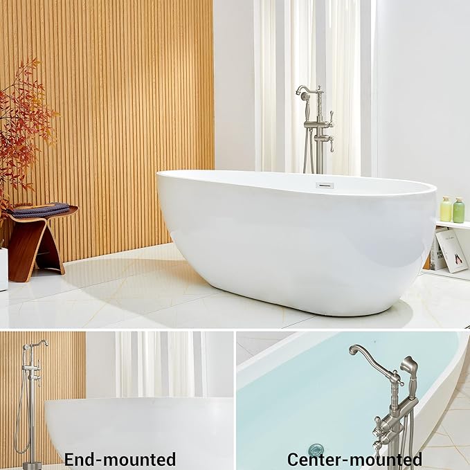 Freestanding Tub Faucet Sets, JetsBath Floor Mount BathTub Filler with 360° Swivel Spout & Handheld Sprayer, Brushed Nickel Floor Mount Bathtub Faucet Single Handle with Supply Hose