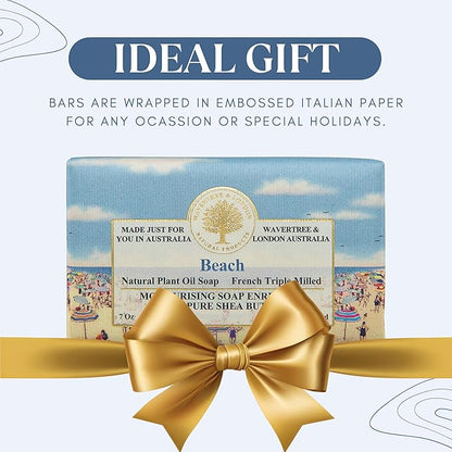 Wavertree & London Beach Scented Natural Soap (2 Bars), 7oz Moisturizing French Triple Milled Soap Bars enriched with shea butter - Pure Plant Based Bath & Body Bars for All Skin Types
