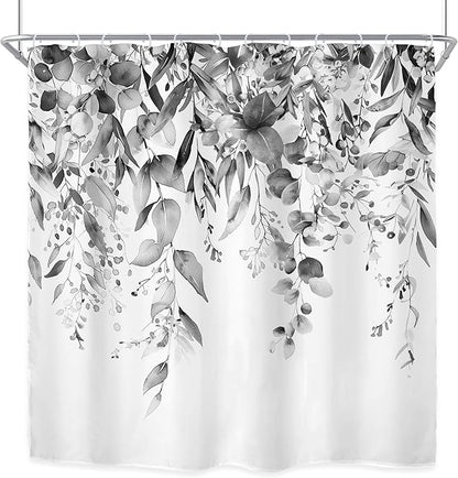 Riyidecor Black White Eucalyptus Shower Curtain for Bathroom Decor 72Wx72H Leaves Dark Plants Watercolor Floral Rustic Botanical Leaf Art Printed Fabric Polyester Waterproof 12 Pack Plastic