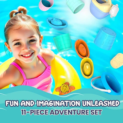 Water Time Buddies – 11pcs Toddler Water Toy Set with Watering Can, Boats, Toy Animals, Stacking Cups & Buckets, Toddler Bath Toys for 1+, Kids Pool Toys & Indoor Accessories for Water Play