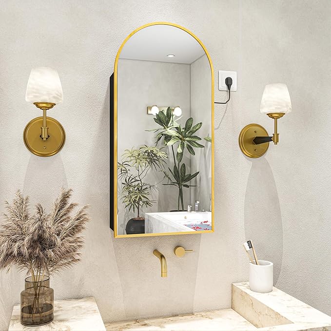 FKWin Bathroom Mirror with Storage and Power Outlet, Easy to Install Medicine Cabinet for Left or Right Opening, not Recessed, Ample Vanity Mirror with Storage for Homeowner, Gold, 20x34 inch