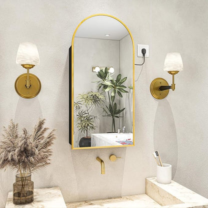 FKWin Bathroom Mirror with Storage and Power Outlet, Easy to Install Medicine Cabinet for Left or Right Opening, not Recessed, Ample Vanity Mirror with Storage for Homeowner, Gold, 20x34 inch