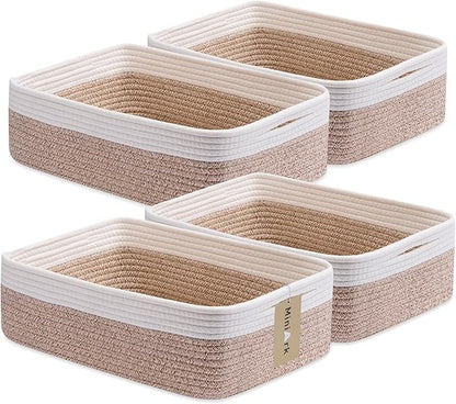 Large Shallow Organizing Baskets 15x11x5.1 Inches - Rope Woven Storage Bins for Bathroom, Shelves, Cube Closet, White Mixed Brown 4 Packs