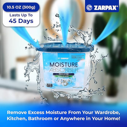 Moisture Absorber Fresh Cotton 10.5 oz/300g | Removes Moisture, Damp & Humidity | Odor Absorber With Fresh Cotton Fragrance | Moisture Trap for Bathroom, Closet, Kitchen | Set of 4