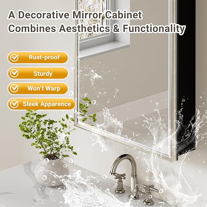 20''x 26'' Brushed Nickel Medicine Cabinet, Recessed or Surface Framed Medicine Cabinet with Beveled Mirror Pre-Assembled, Reversible Bathroom Storage Vanity Cabinet with Adjustable Shelves
