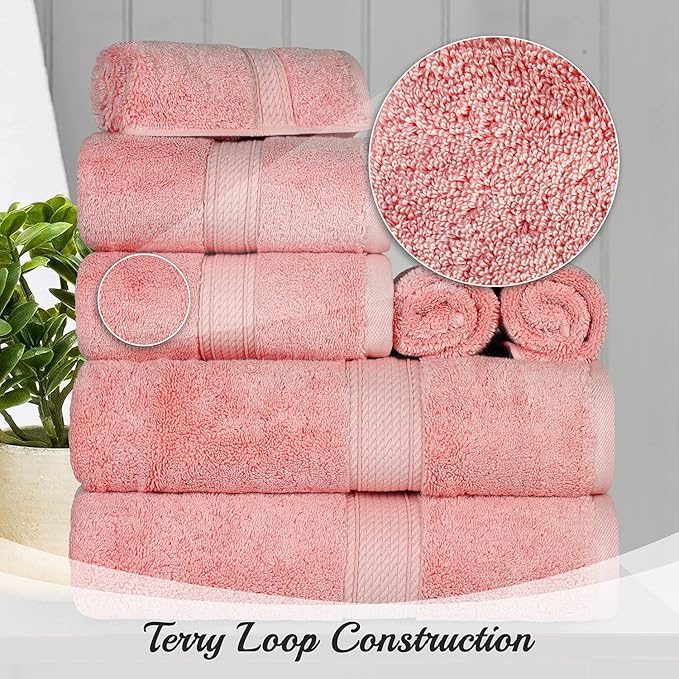 BLUENILEMILLS Madison Egyptian Cotton Towels, Towel Set for Bathroom, Shower, Hotel, Plush, 800 GSM, Highly Absorbent and Ultra-Soft Towels, Bath Essentials, 8 Piece Assorted Towel Set, Tea Rose