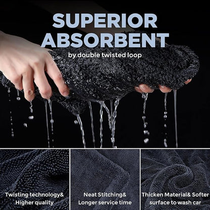 2-Pack 1200GSM Microfiber Car Drying Towels, Extra Large Twisted-Loop Absorbent Drying Towel for Cars and Trucks, Without Streaks, Scratches, or Water Spots (35"x 24")
