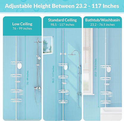 Shower Caddy Tension Pole, 4-Tier Adjustable Corner Shower Standing Caddy, Rustproof Shower Rack for Bathroom Bathtub, with 4 Shelves, No Drilling Shower Shelf for Inside Shower (White)