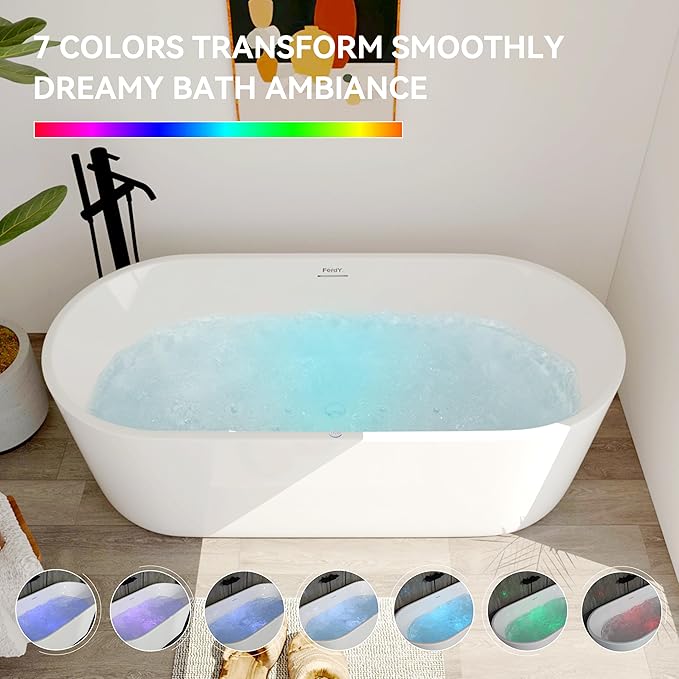 FerdY Shangri-La 67 Inch Freestanding Whirlpool Bathtub, Oval with 8 Water SPA Jets Morden White Stand Alone Jetted Tub, Luxury Acrylic Free Stand Deep Soaking Bath Tub