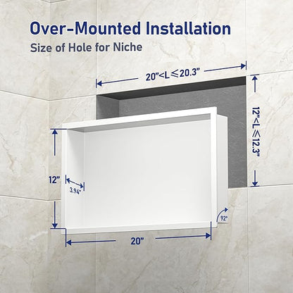 Stainless Steel Shower Niche 20" X 12" White No Tile Needed Niche Shower for Bathroom Storage Recessed Wall Shelf Over Mount Installation
