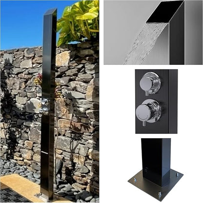 Toorak Black 316 Marine Grade Stainless Steel Massage Outdoor Shower Pane Swimming Pool Backyard Bathroom Hot & Cold Rainfall Hand Held Wall Mounted or Free Standing Outside Shower