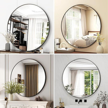 32 Inch Round Bathroom Mirror - Black Wall Mounted Circle Mirror with Metal Frame, Modern Round Hanging Mirror Suitable for Bathroom, Vanity, Entryway, Living Room