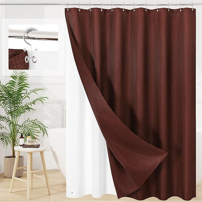 3 in 1 Long Brown Shower Curtain Set-72 W x 78 H, Modern Waffle and PEVA Liner Set with 12 Stainless Steel Hooks, Waterproof Fabric for Bathroom