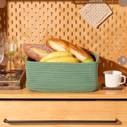 Small Storage Baskets for Organizing | Closet Organizer Bins | Shelf Toy Basket | Woven Rope Baskets | Cube Decorative Box | Shallow Basket | 13x8.5x5.1” | 3 Packs Green