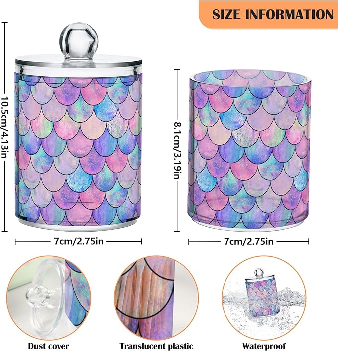 MNSRUU 4 Pack Qtip Holder Organizer Dispenser Colorful Mermaid Scales Bathroom Containers Bathroom Vanity Storage Canister Apothecary Jars for Cotton Swabs/Pads/Floss