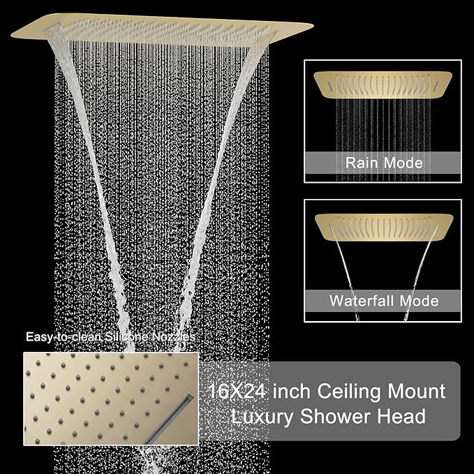 Shower Faucet Set Brushed Gold Luxury Shower System with 16X24 Inch Ceiling Mount Rainfall&Waterfall Shower Head, 6 PCS Body Jet, Handheld Spray, Digital Temperature Display 4 Way Shower