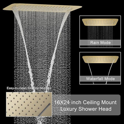 Shower Faucet Set Brushed Gold Luxury Shower System with 16X24 Inch Ceiling Mount Rainfall&Waterfall Shower Head, 6 PCS Body Jet, Handheld Spray, Digital Temperature Display 4 Way Shower