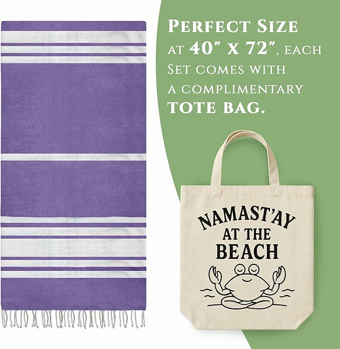 Turkish Cotton Beach Towel Pack of 6 & 1 Boho Tote Bag - Hammam Towels - No Shrink - Quick Dry - Lightweight - Sand Free - Camping - Pool - Tanning - Beach Essentials - Purple (40"x70")
