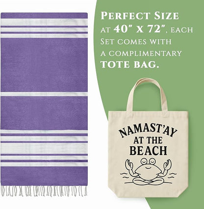 Turkish Cotton Beach Towel Pack of 6 & 1 Boho Tote Bag - Hammam Towels - No Shrink - Quick Dry - Lightweight - Sand Free - Camping - Pool - Tanning - Beach Essentials - Purple (40"x70")