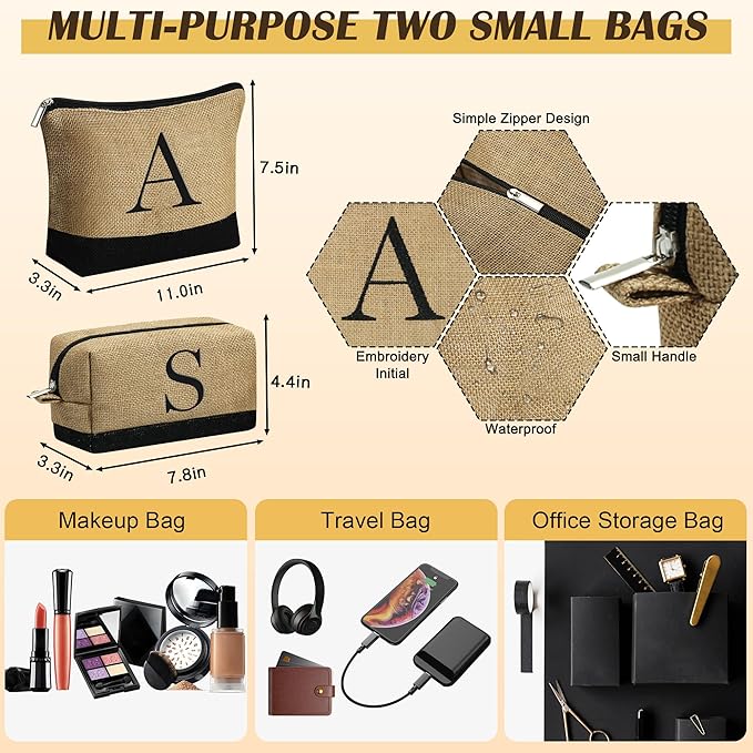 YOOLIFE Christmas Gifts for Women - Initial Jute Tote Bag & 2 Makeup Bags Personalized Gifts for Women Teacher Mom Friend