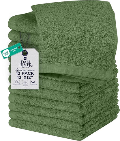 DAN RIVER 12 Pack Wash Cloths for Showering [12x12] - 100% Cotton Washcloths Premium Quality Flannel Face Cloths for Bathroom, Highly Absorbent and Soft Feel Wash Clothes, Sage Green